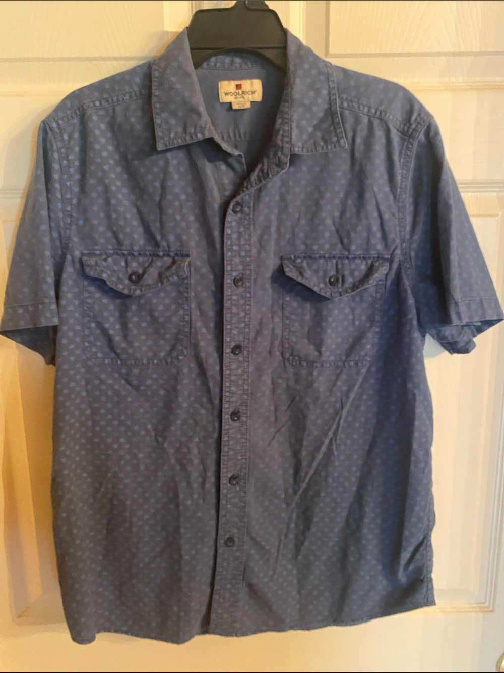 Woolrich Men’s Denim-Style Short Sleeve Button-Down Shirt in Blue